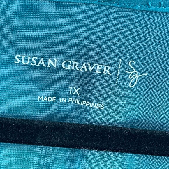 Susan Graver Womens Plus 1X Teal Button Front Top Stretch Liquid Knit Shirt - Picture 4 of 9